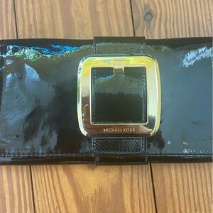 Michael Kors Black Patent Clutch with Gold Buckle